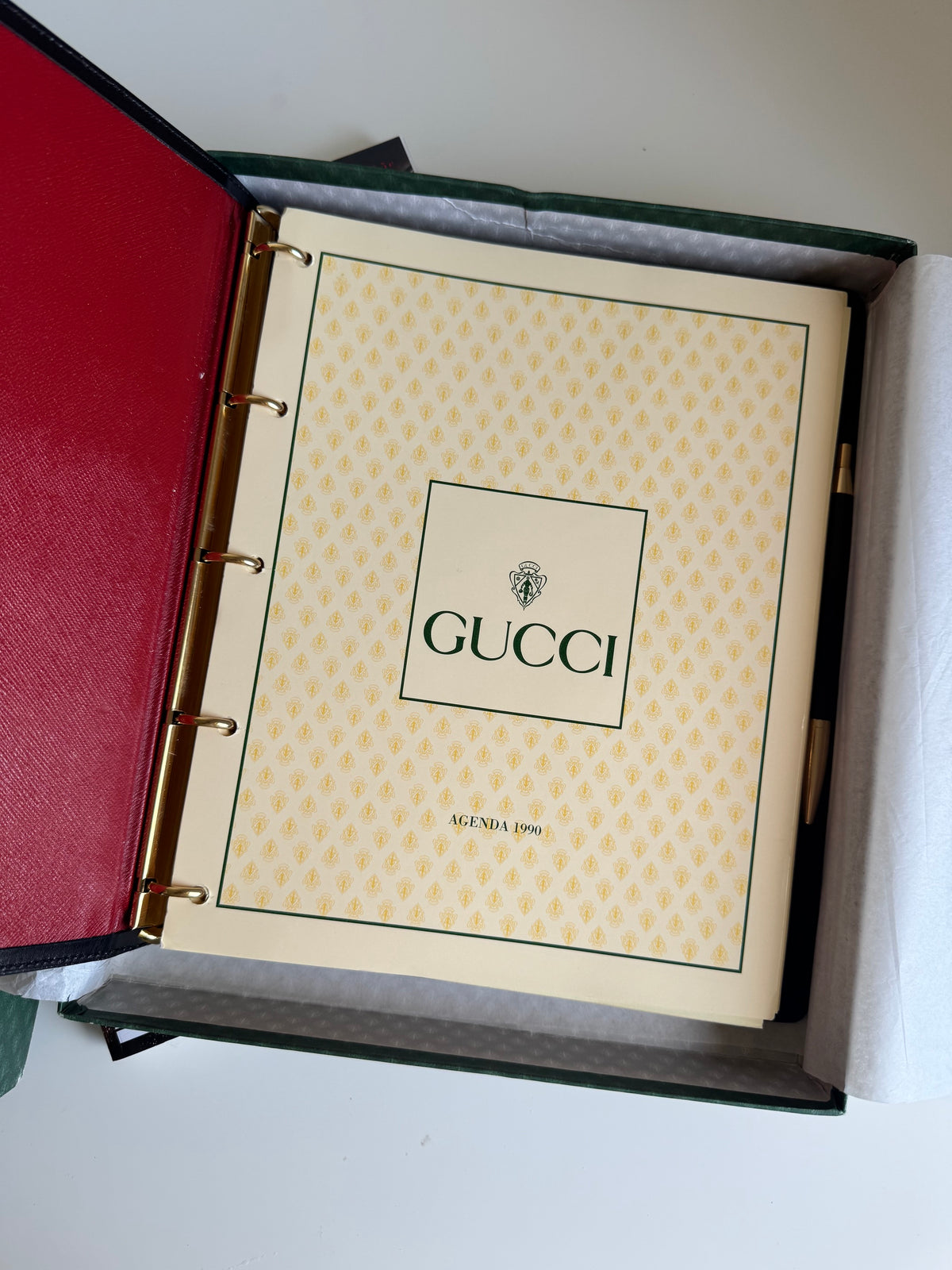 Vintage Gucci Agenda 1990 – kompletny zestaw z oryginalnym pudełkiem i długopisem